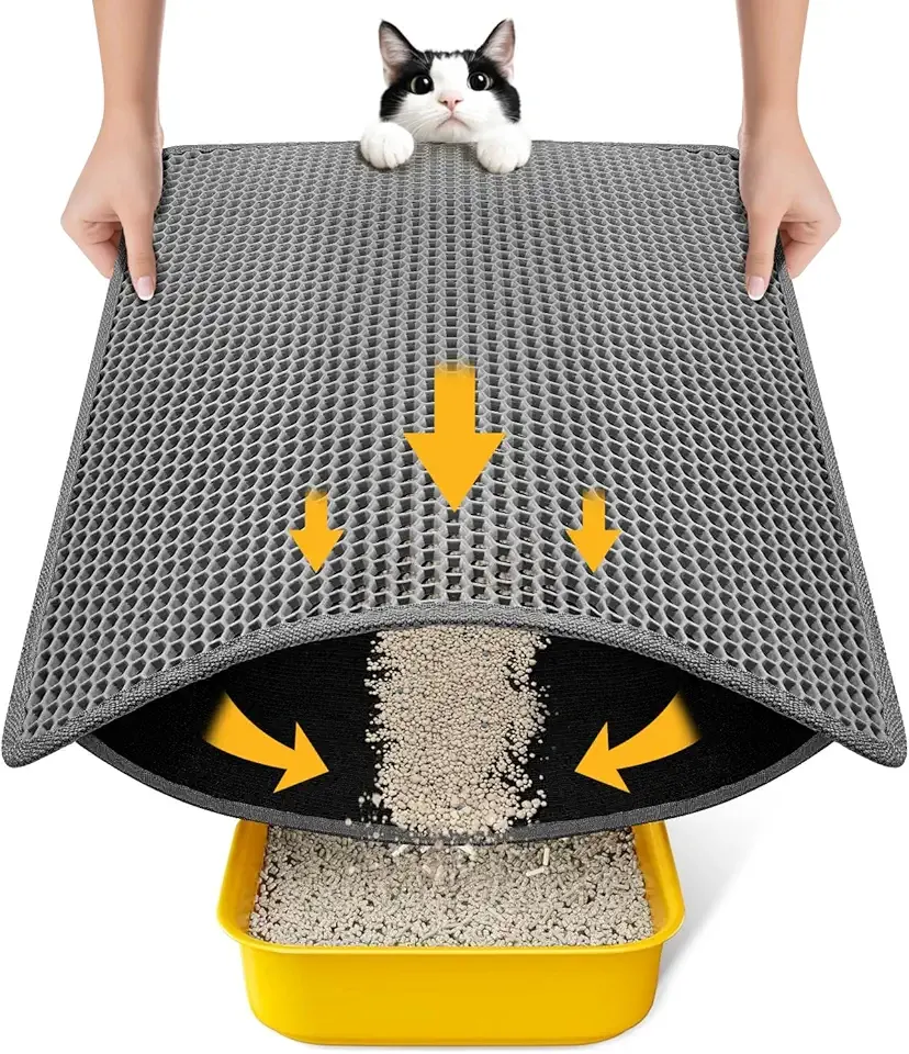 Cat Litter Mat-Litter Box Mat for Kitty, EVA Honeycomb Double Layer Design, Urine & Waterproof Scatter Control, Less Waste, Easier To Clean,Non Slip, Gray