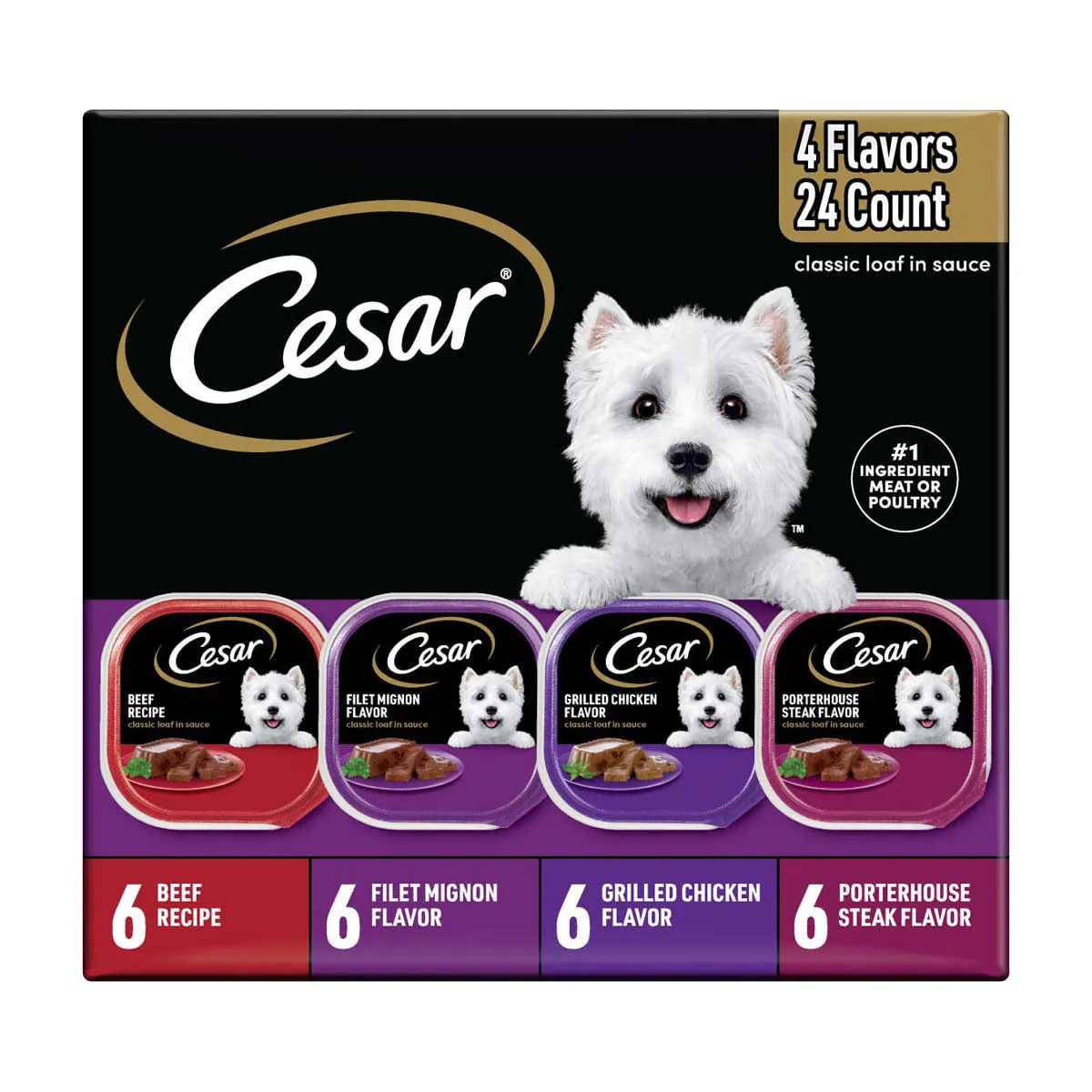 Cesar Loaf in Sauce Adult Wet Dog Food Beef and Chicken Flavors Variety Pack (24) 3.5 oz. Trays
