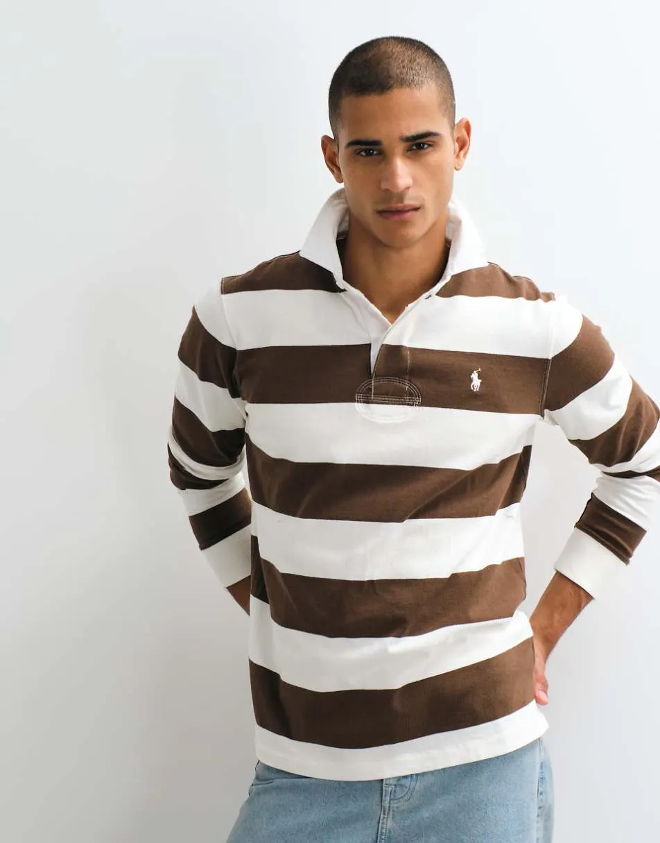 Polo Ralph Lauren long sleeve rugby polo in brown and white