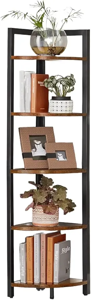 Corner Shelf, 5 Tier Bookshelf, Tall Corner Storage Shelves, Plant Stand for Living Room, Bedroom, Bathroom, Home Office, Rustic Brown and Black ULLS803B01