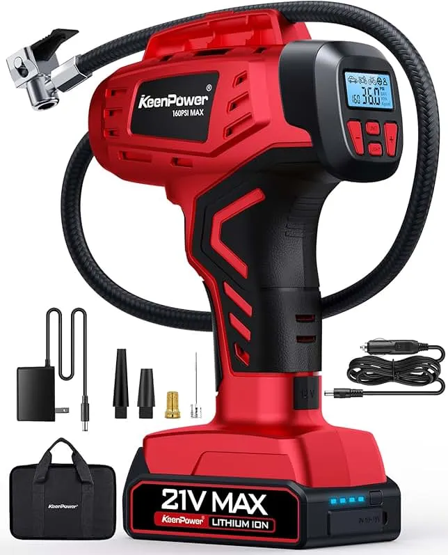 KeenPower Digital Cordless Tire Inflator Portable Air Compressor Automatic 160PSI w/Gauge Screen & 4+N Smart Mode & Dual Power Supply, Rechargeable 21V Battery Powered Handheld Air Pump, Car Tire Pump