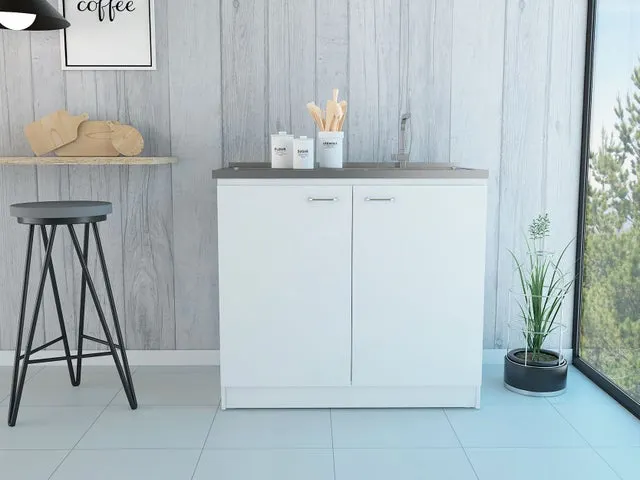 Mueble bajo auxiliar Nápoles en melamina con dos puertas , dos estantes y encimera de acero inoxidable , 90 x 100 X 52.5 cm , Blanco
