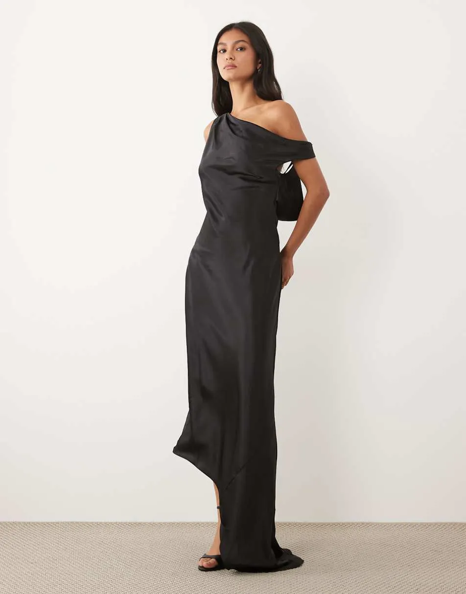 JW PEI satin draped one shoulder asymmetric satin maxi dress in black