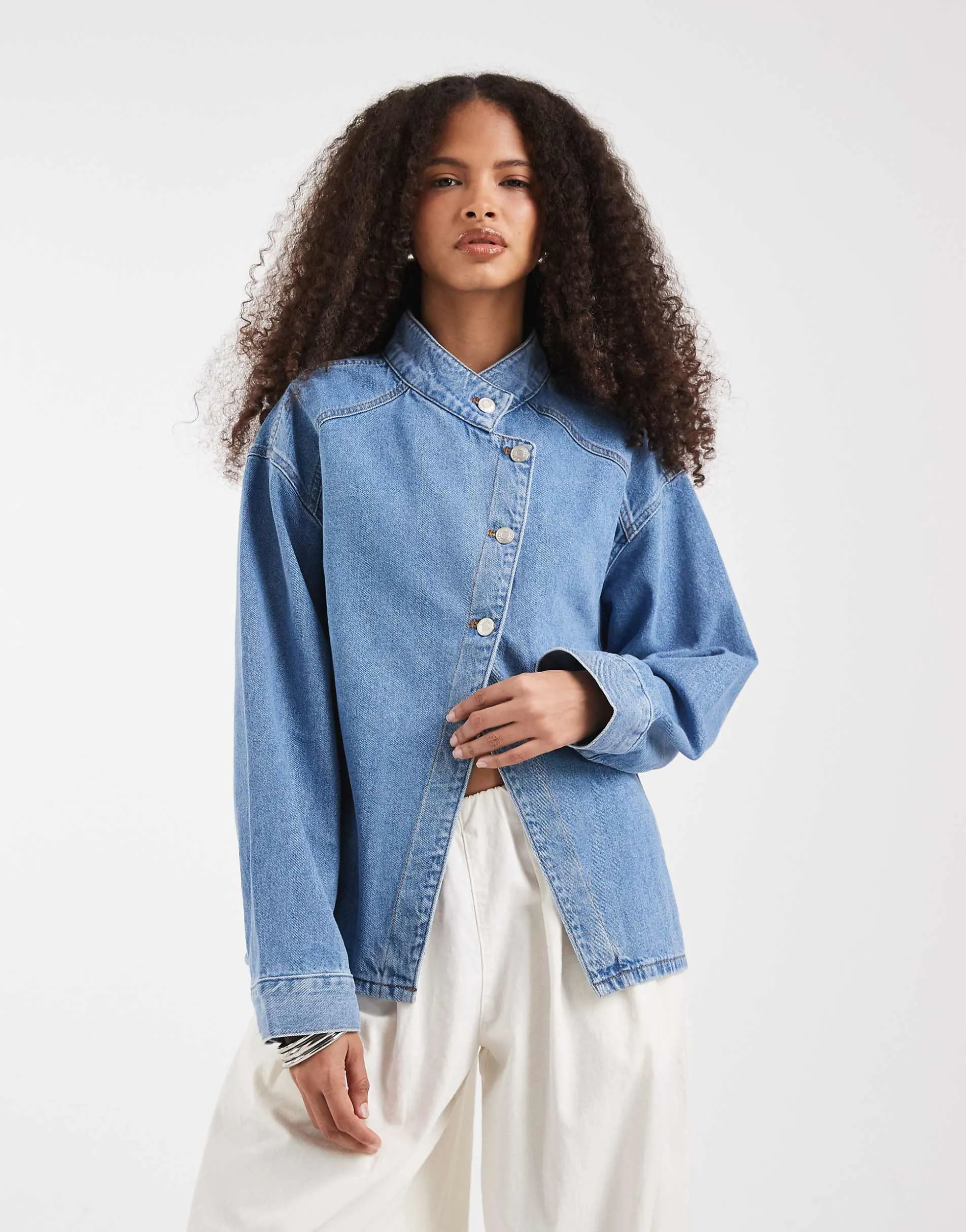 ASOS DESIGN wrap front denim jacket in mid blue
