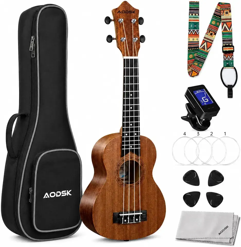 AODSK Soprano Ukulele for Beginner 21 Inch Ukelele Kit with Gig Bag StrapTuner Nylon String 4 Picks Cloth Online Lesson Holiday Gift