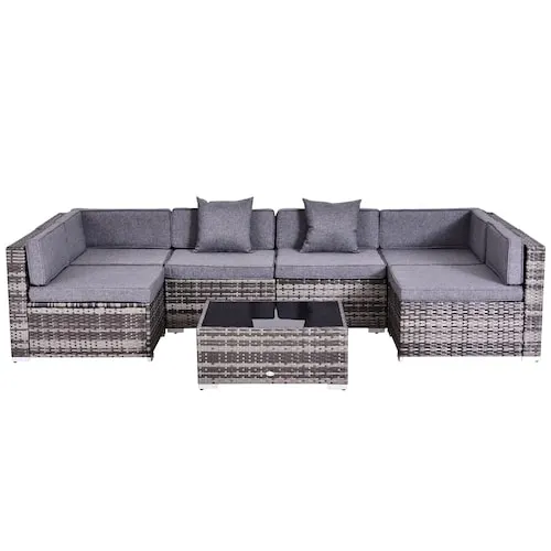 Outsunny 7 Pieces Outdoor Lounge Set Garden Wicker Sectional Sofa Set, Grey