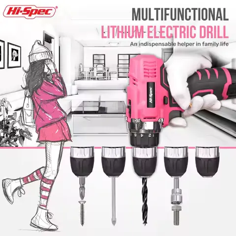 Hi-Spec Pink Electric Screwdriver Drills Kit Home Tool Kits Set Repair Electric Cordless Drills Complete Tool Box Kit Hammer