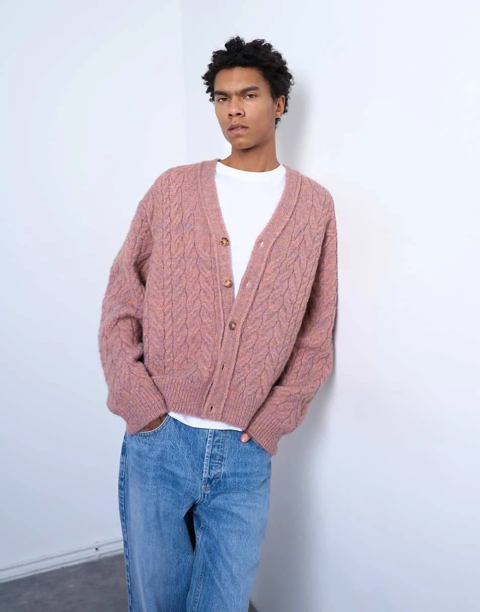 Topman regular fit cable knitted cardigan in pink