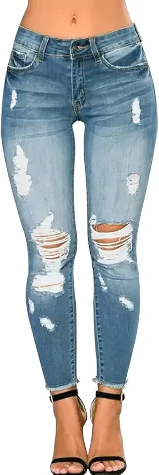 Women Skinny Ripped Jeans Stretch Distressed Destroyed Denim Pants
