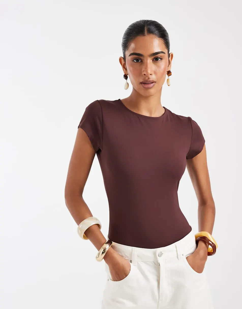 ASOS DESIGN polyamide slinky short sleeve bodysuit in chocolate
