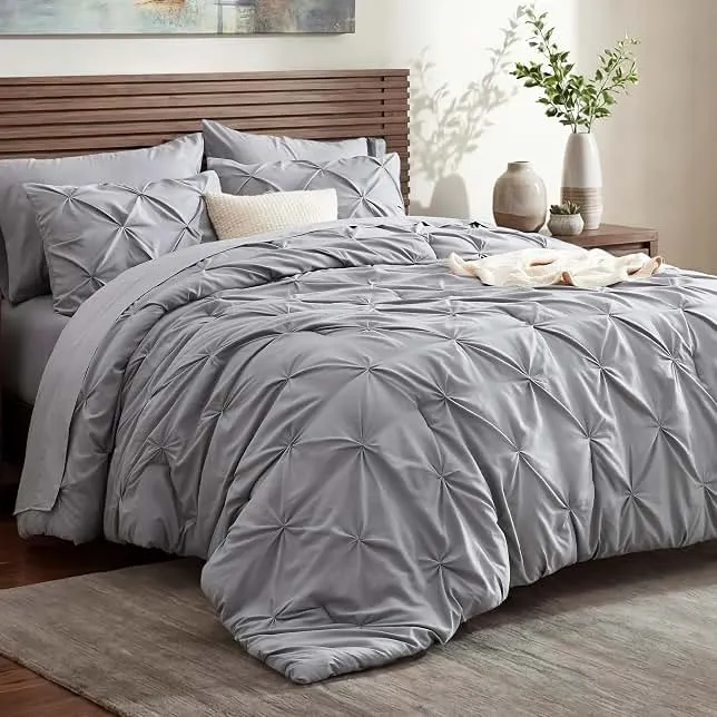 Bedsure Queen Comforter Set Grey - Bed in a Bag Queen Size Bedding 7 Pieces, GentleSoft™ Pintuck Bed Set Gift for Family, All Season Down Alternative Comforter with Sheets, Pillowcases & Shams