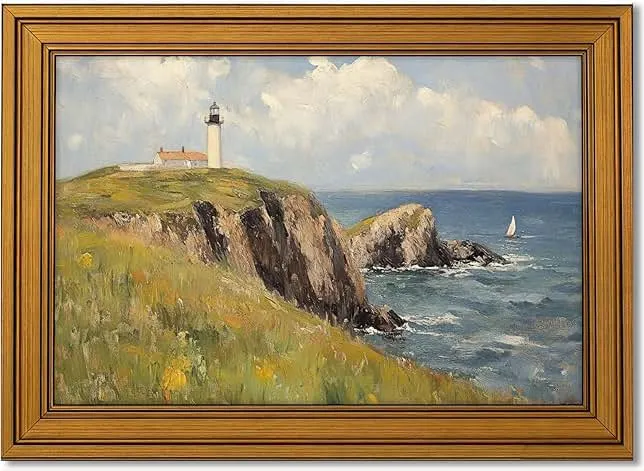 Vintage Gold Framed Canvas Wall Art, Island Lighthouse Poster Artwork, Nature Ocean Landscape Print Picture, Seascape Painting Wall De…