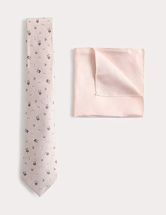 Pure Silk Ditsy Floral Tie and Handkerchief Set