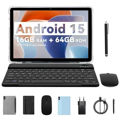 PRITOM 10 Zoll Android 15 Tablet, 16(4+12 erweiterbar)GB+64GB 1TB erweiterbar, WiFi 6, Dual-Box-Lautsprecher, mit Tastatur, Maus, Hülle, Hellblau