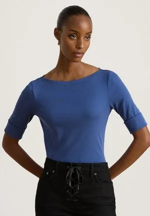 STRETCH COTTON BOATNECK TEE - T-shirts - inky blue