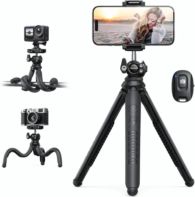 Tripod for iPhone with Silicone Legs - [8-Strand Aluminum Core] Flexible Camera Tripod with Wireless Remote, Heavy-Duty Phone Stand Cold Shoe for iPhone Pocket 3/4 Samsung GoPro DSLR Camera
