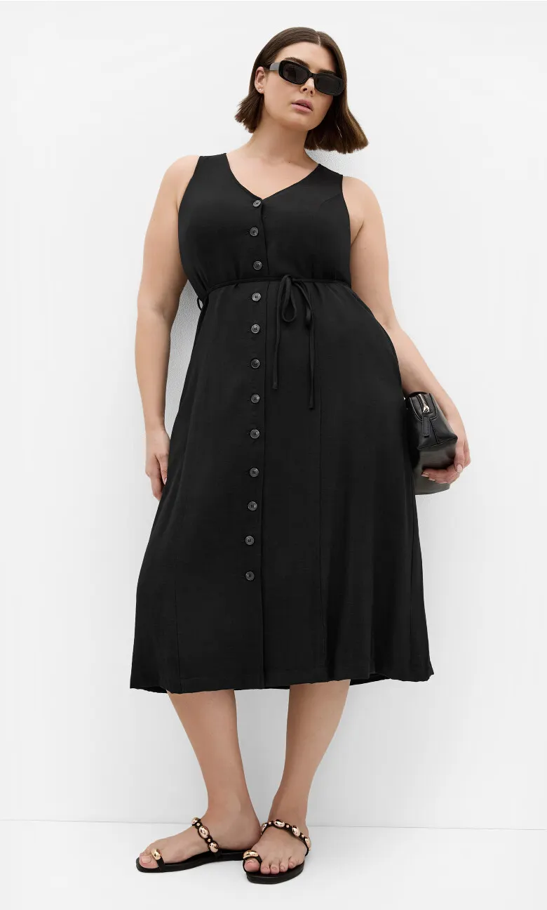 Evani Tie Waist Midi Dress - black