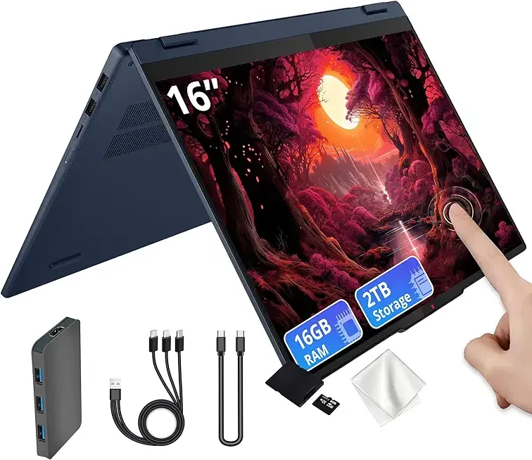 Lenovo Ideapad 5 16" WUXGA Touchscreen 2-in-1 Laptop, AMD Ryzen AI 5 340, 16GB RAM, 2TB Storage(1TB SSD&1TB Docking Station Set), Radeon 840M, Backlit Keyboard, IR Camera, Wi-Fi 6, Win 11, Blue