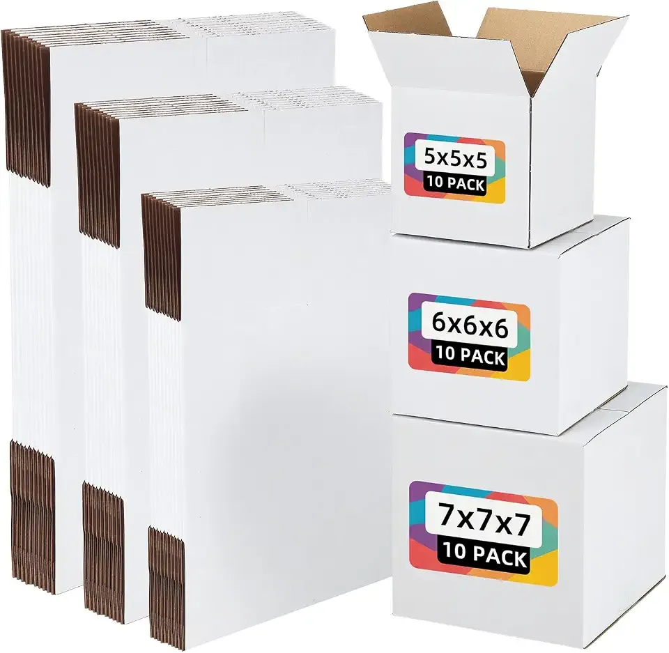 EXYGLO 30 Pack 5x5x5, 6x6x6, 7x7x7 Assorted Sizes Shipping Boxes for Small Business, Each Size 10 Pack, White Corrugated Cardboard Small Box for Packaging, Moving, Mailing, and Storing