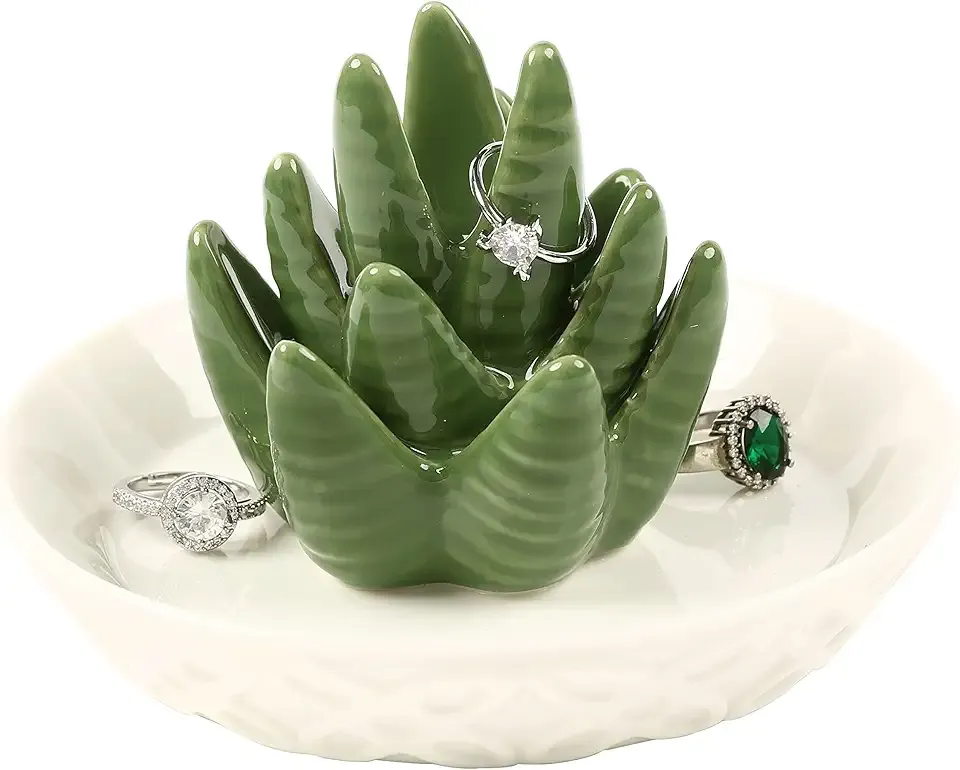 HOME SMILE Ceramic Aloe Ring Holder,Cactus Dish Dish for Jewelry,Christmas Birthday Gifts for Women
