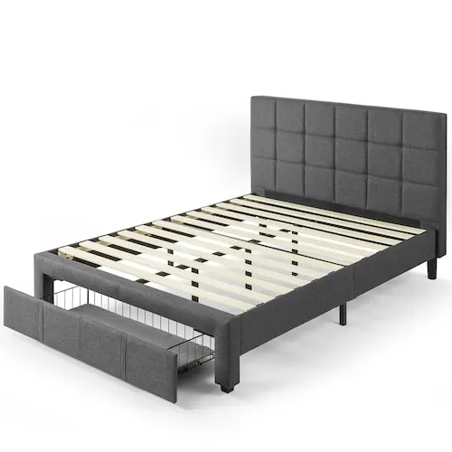 Savona Queen Upholstered Platform Bed Frame with Storage Drawer in Grey