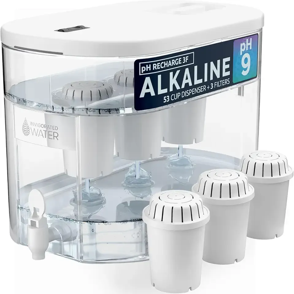 Invigorated Water - Alkaline Countertop Water Filter Dispenser, Large 53-Cup Capacity, Mineralized Alkaline Water, BPA-Free, 96 Gallons/Filter (White, 3 Filters Included)
