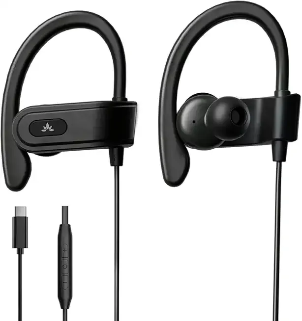 C171 - USB-C Wired Earbuds with Microphone & Volume Controls | Ear Hook Design for Running & Sports, Comfortable Fit Headphones for iPhone 15+, Samsung and Android USB-C Phones, Black