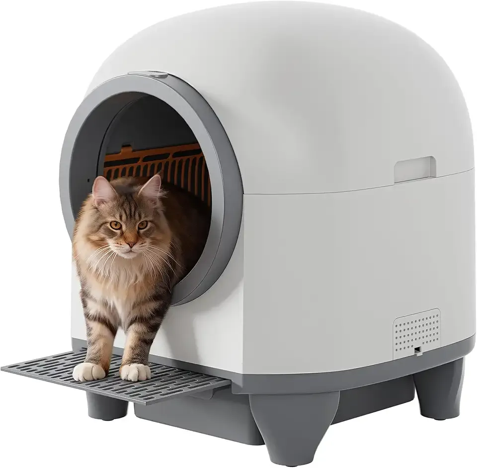 Greesum UltraSmart AutoClean Litter Box - 90L Large Capacity for Multi-Cat Households with Safeguard Tech, APP Control, Odor-Free Design & Mat/1 Roll Litter Bag (White&Gray)