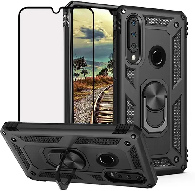 for Huawei P30 Lite Case with Tempered Glass Screen Protector,Hybrid Heavy Duty Dual Layer Anti-Scratch Shockproof Defender Kickstand Armor Case Cover, Black