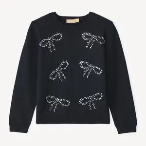 Pull tricot noir avec strass en forme de nœuds fille