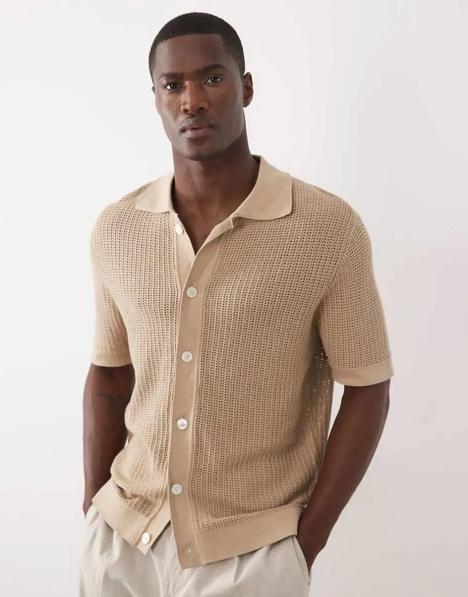 Selected 100% cotton knitted button cardigan in beige