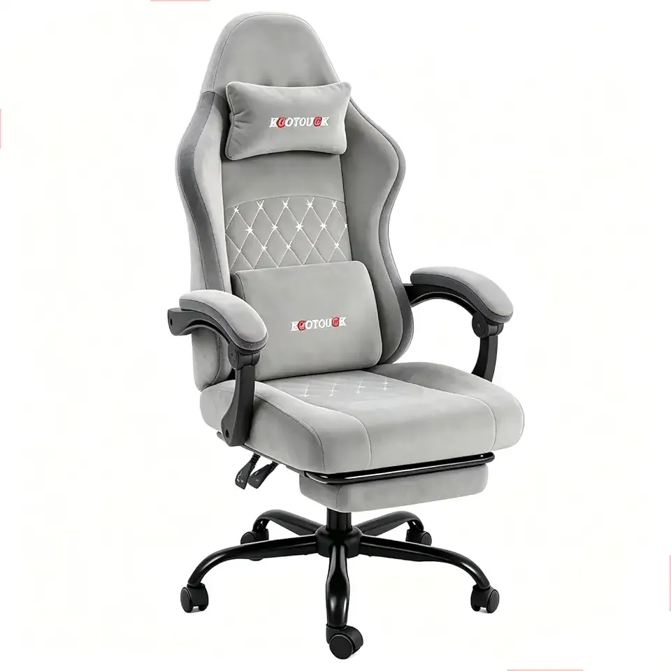ECOTOUGE Fabric Gaming Chair, Video Game Chair with Footrest and Lumbar Support, Adjustable Height Home Desk Office Chair, Ergonomic Comfort Gamer Chair with High Back, Gray