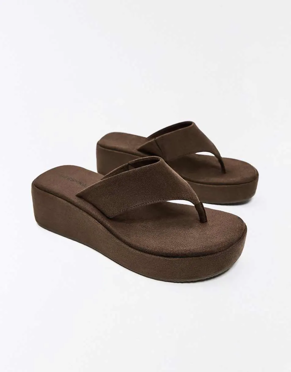 Bershka Thong heeled platform sandals in brown