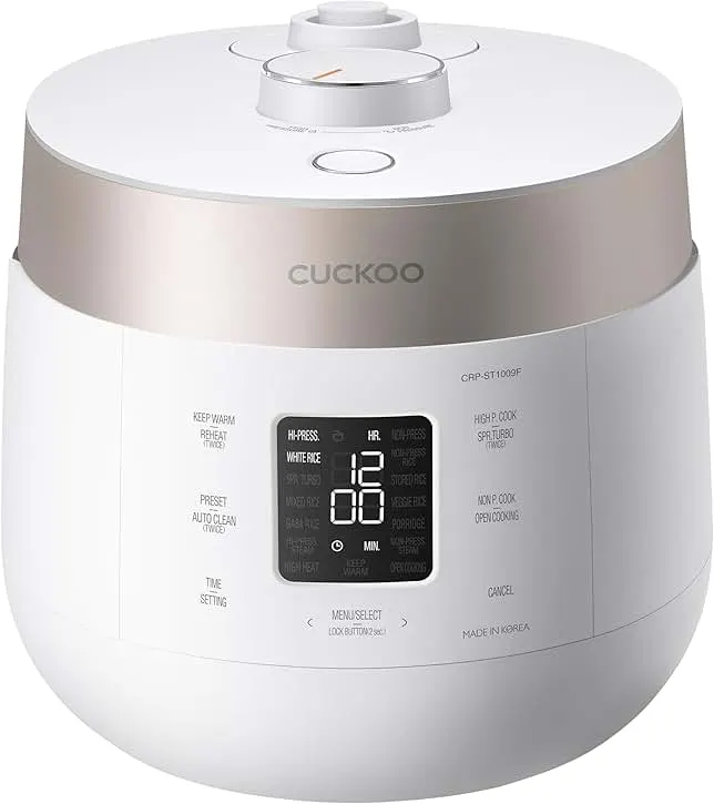 CUCKOO Twin Pressure Rice Cooker 10-Cup Uncooked / 20-Cup Cooked with Nonstick Inner Pot, Large Rice Maker & Warmer with 16 Menu Options, Open Cooking Mode, Voice Guide, White (CRP-ST1009FW)