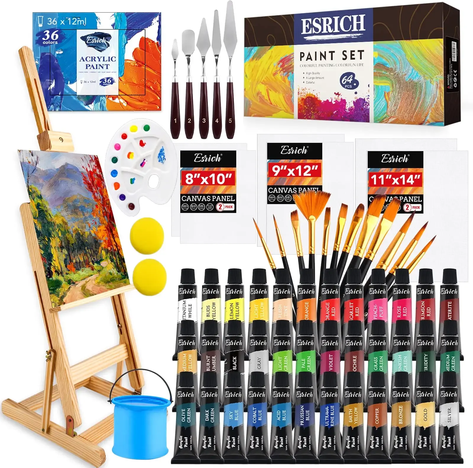 ESRICH Acrylic Paint Set, 64PCS Painting Supplies with Wooden Easel, Brushes, 36 Colors Acrylic Paint, Canvases, Palette, Paints Knives Etc, Painting Kit for Adults, Students, Hobbyists, Beginners