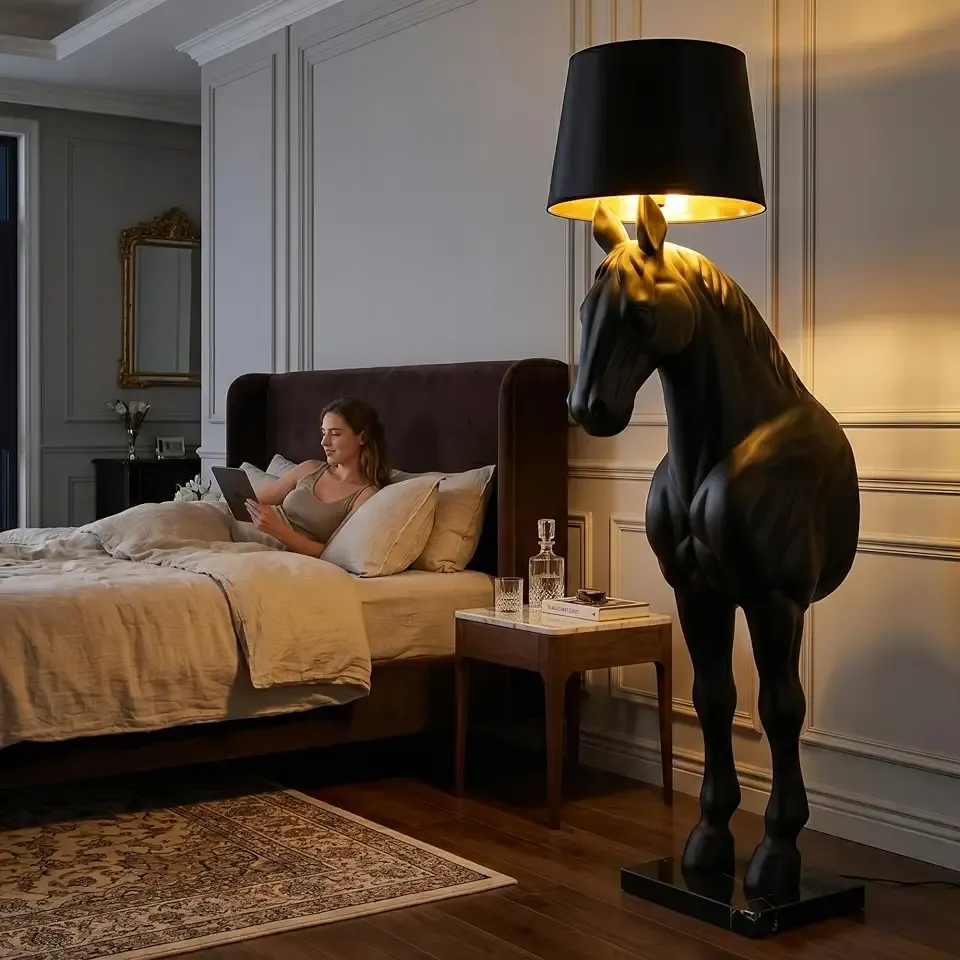 Horse Floor Lamp for Living Room, Black Sculpture Light with Golden Interior Shade, 70.8" Tall Standing Lamp with Marble Base, Foot Switch & LED Bulb Included for Office Bedroom Home Decor