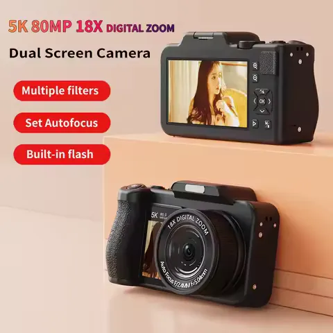 V02 5K Digital Camera 18X Digital Zoom 80MP Vintage Vlog Video Recorder YouTube Travel Dual Screen Photography Camera With Flash