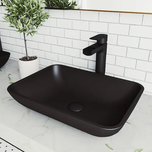 Sottile 18"L x 13"W x 4"H Modern Glass Rectangular Vessel Bathroom Sink in Black