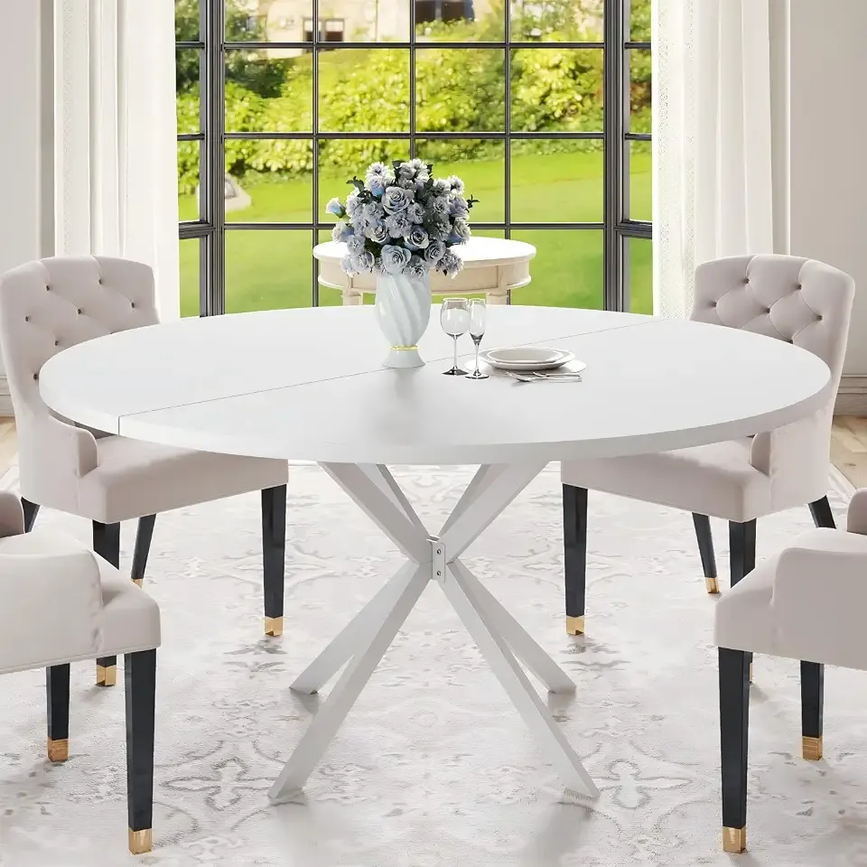 47.24" Round Dining Table for 4-6 Person, Round Kitchen Table with Wood Top, Circle Dinner Pedestal Tables with Metal Legs for Dining Room Kitchen (White)