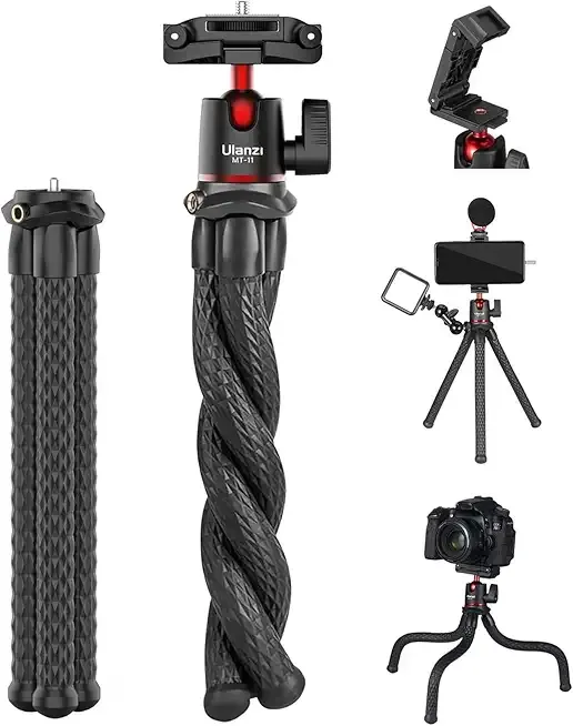 Camera Tripod, Mini Flexible Stand w Hidden Phone Holder w Cold Shoe Mount, 1/4'' Screw f Magic Arm, Universal f iPhone 17 16 15 14 Pro Max XS Max X Samsung Canon Nikon Sony DJ Pocket 3 Cameras