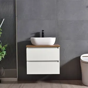 Conjunto Mueble de Baño 58x48x48 cm Blanco y encimera de madera con Lavabo sobre encimera