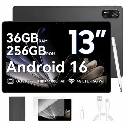 Blackview Mega8, 13 Zoll, Dual 4G LTE+5G WiFi, Android 16, mit 36GB(12+24) RAM+256GB ROM(2TB TF), 2K FHD Display, Octa Core T620, 1100mAh