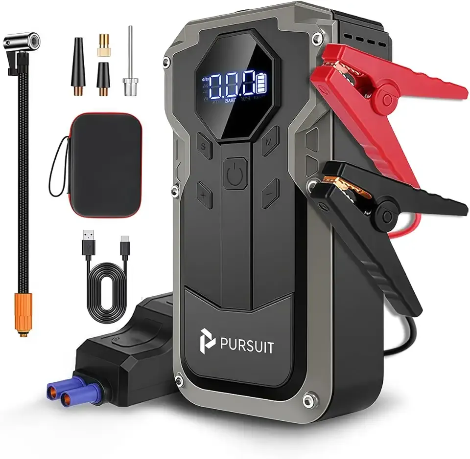 Jump Starter with Air Compressor, 2000A Peak Car Battery Booster(8L Gas/6L Diesel), 150PSI Tire Inflator Portable 12V Jump Box Car Battery Jumper Starter with Jumper Cable, LED Lights, LCD Display