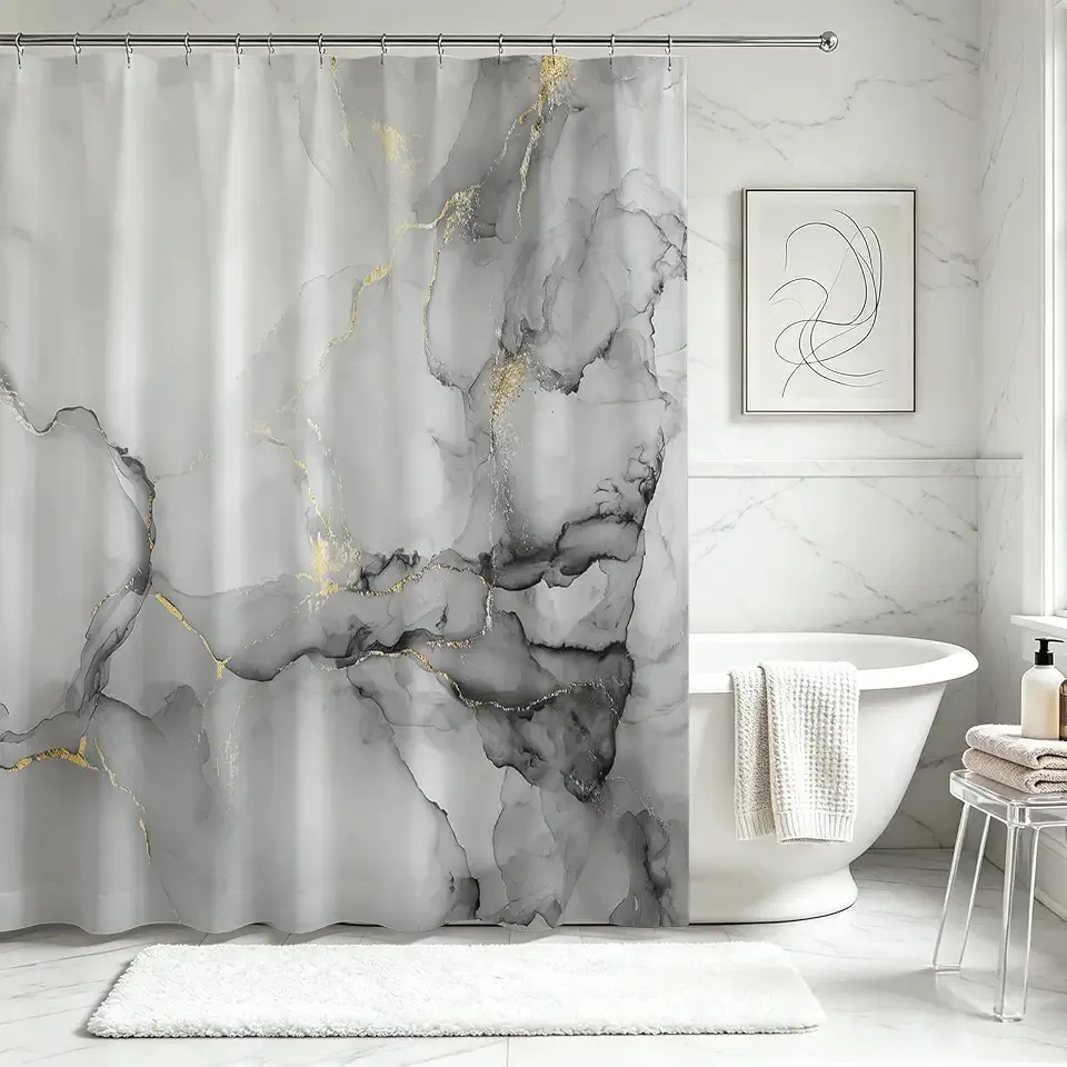 Grey Marble Shower Curtain Abstract Grey White Bathroom Deocr Set | 72 X 72 In Waterproof Fabric Washable Modern Marble Bathroom Decor Shower Curtain with 12 Hooks