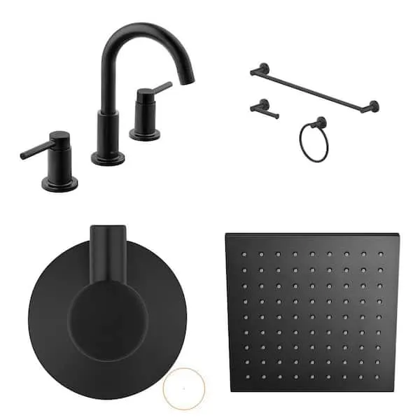 Glacier Bay Dorind Matte Black Faucet, 3-​Piece Hardware Set, Robe Hook and 8.​8 in.​ Shower Head Combo