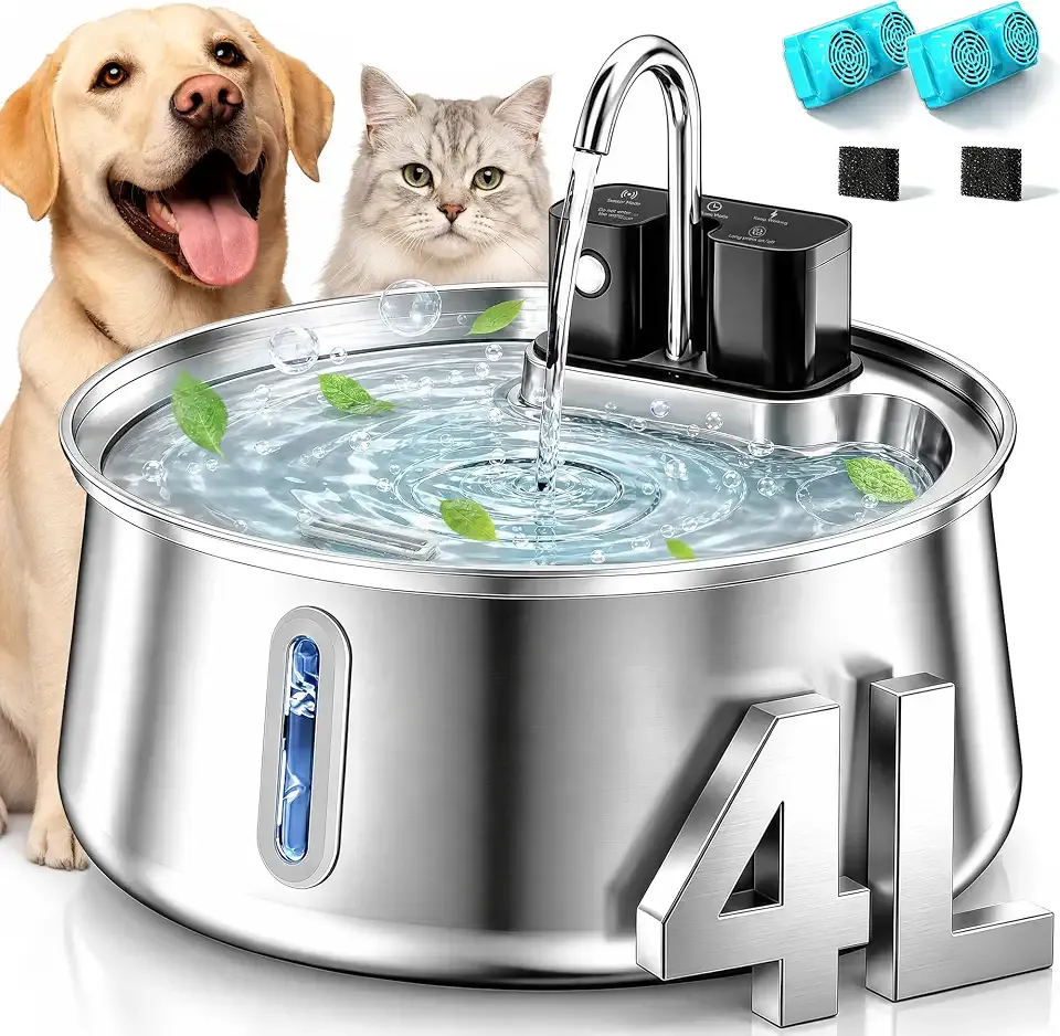 Selene Dog Water Fountain, 4L Stainless Steel Dog Water Fountain with Visual Water Level, Super Quiet Dog Water Bowl, 5-Stage Filtration Pet Water Dispenser, Easy to Clean - 4L