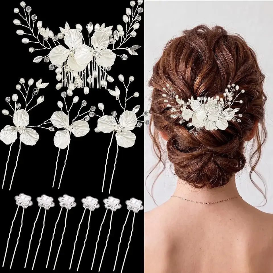 10 Pcs Flower Wedding Hair Pins Crystal Prom Hair Piece Bride Hair Accessories Jewelry Bridal Hair Clips Headpiece(White)