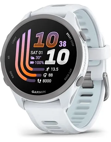 Garmin Forerunner® 170 Music, GPS Running Smartwatch, Advanced Training Metrics and Recovery Insights Plus Music Storage, Whitestone with Whitestone/Cloud Blue Band