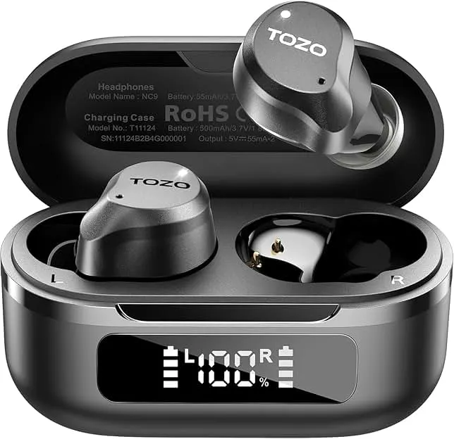 TOZO NC9 Hybrid Active Noise Cancelling Wireless Earbuds, 6 Mics ENC Clear Call, IPX8 Waterproof, in Ear Bluetooth 5.3 Headphones Stereo Bass Ear Buds 59H Playtime with LED Display 32 EQs via APP