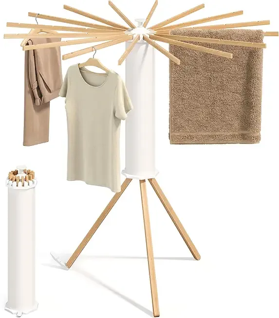 SONGMICS Clothes Drying Rack Foldable, Rotary Tripod Laundry Drying Rack, Rotatable Portable Floor Standing Clothes Airer, Laundry Room Balcony, 16 Pull-Out Wood Arms, Natural Color ULLR530YW01